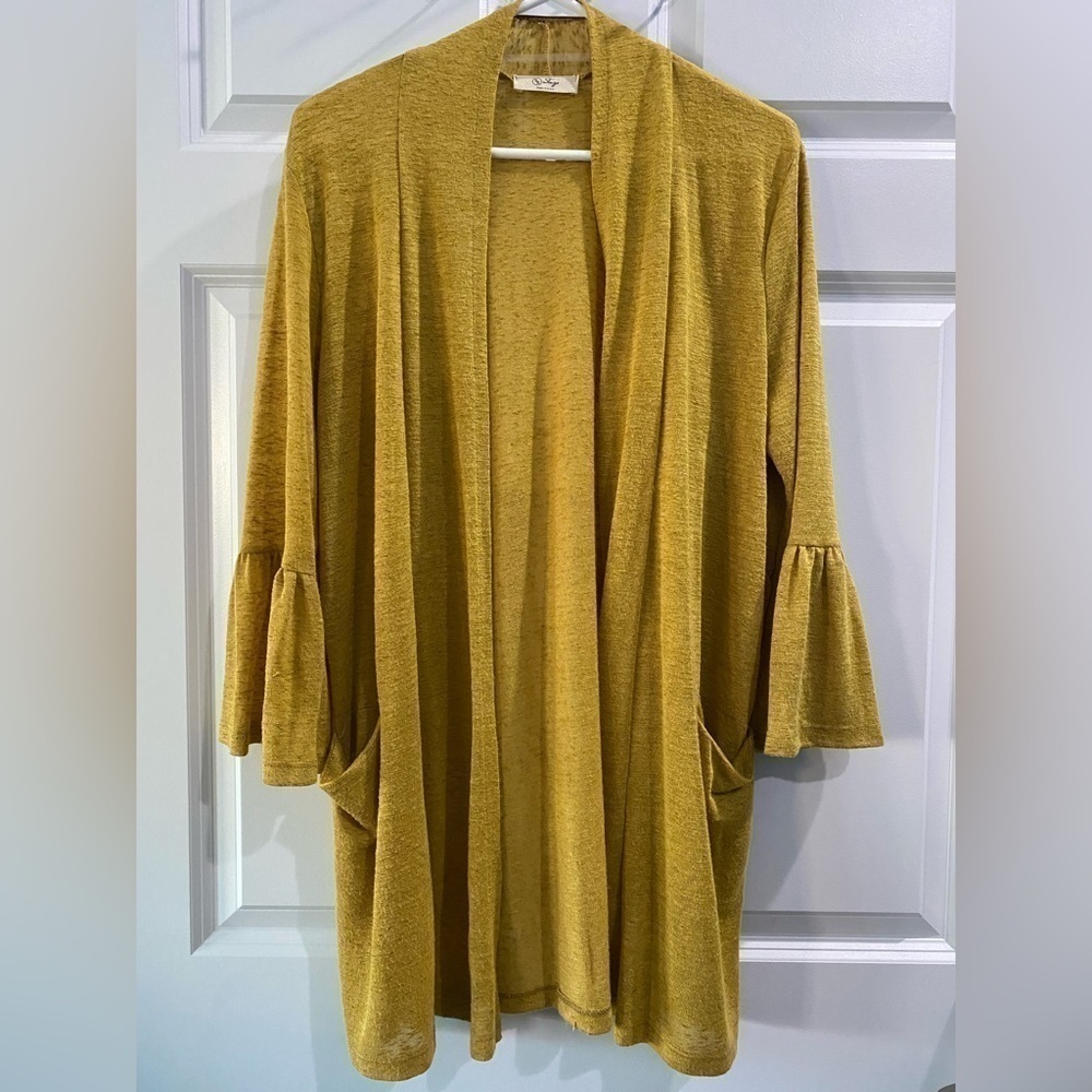 BE Stage Semi Sheer Mustard Cardigan Bell‎ Sleeve Pockets USA Women's Size M